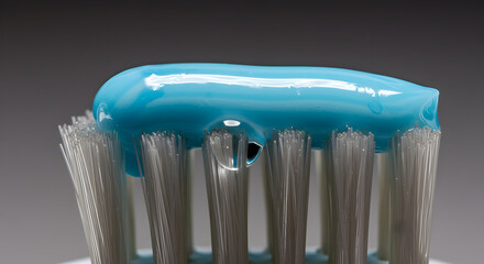 Close Up Of Blue Toothpaste Gel On Toothbrush Bristles Against A Soft Gradient Background For Dental Care And Oral Hygiene Conceptual Imagery