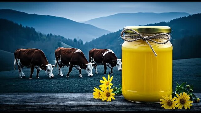 Jar of Butter with Ribbon on Wooden Table in Front of Grazing Cows and Mountains