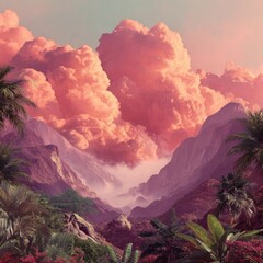 A surreal, dreamy landscape of pink clouds hovering over a lush valley nestled between majestic mountains, bathed in soft, warm light, creating a tranquil and otherworldly atmosphere