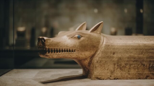 Ancient Egyptian canopic jar shaped like a jackal head. Artifact from tomb burial practices. Archeological discovery of funerary equipment used in mummification rituals.