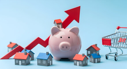 Piggy Bank on a Blue Background Representing Financial Growth with Houses and Graphs Indicating Positive Real Estate Market Trends