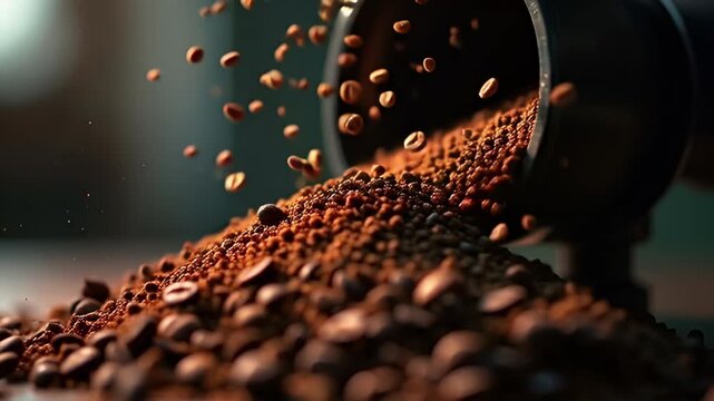 Coffee Cascade: Aromatic Beans and Ground Coffee Flow