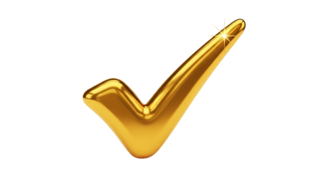 Isolated golden check mark, symbol of approval, positive confirmation, correct or right choice