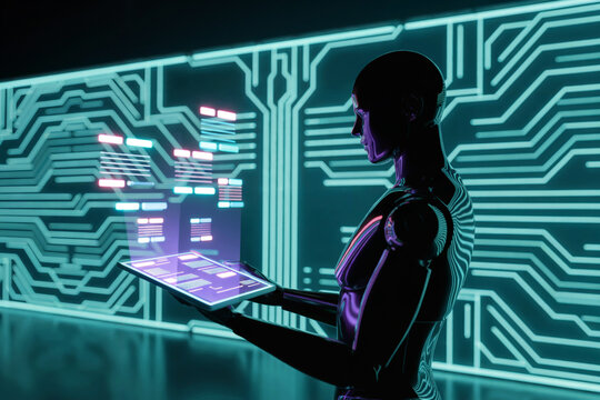 Female Android with Tablet Computer and Glowing Circuit Board Background