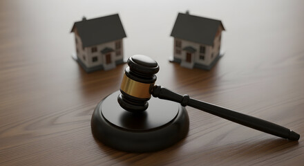 Symbolizing Conflict Resolution in Real Estate Transactions with a Gavel and Houses on a Table, Representing Judicial Authority in Property Disputes