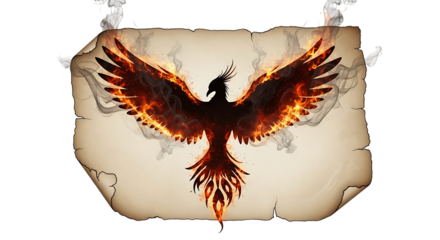 A fiery phoenix rises from the ashes, its wings outstretched against a backdrop of aged parchment, smoke curling around the edges, isolated on transparent background a symbol of rebirth and resilience