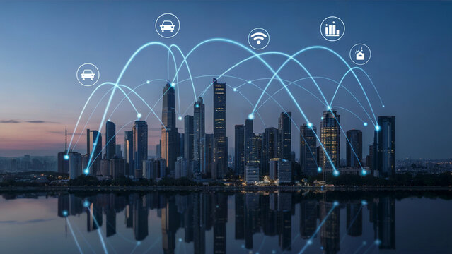 Smart City Network Connection With Building at Night