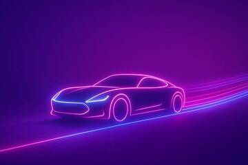 Neon Car Outline on Purple Background