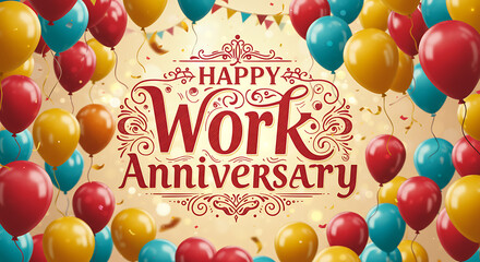 Vibrant digital illustration for a work anniversary celebration with colorful balloons and confetti