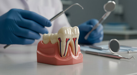 Detailed View of a Dentist Demonstrating Dental Model of Human Teeth with Instruments for Education on Oral Hygiene and Dental Care Treatments