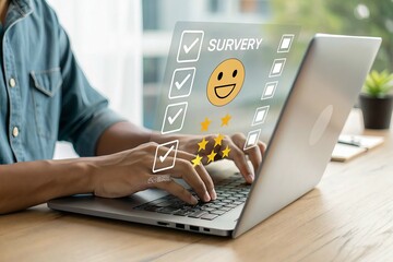 Person typing on laptop with glowing digital interface showing social media icons and happy emoji