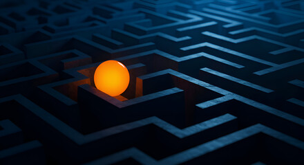 An Intricate Maze with a Glowing Orange Sphere at Its Center Symbolizing Navigation and Discovery in a Modern Abstract Design
