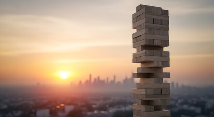 Towering Jenga Stacks Against A Vibrant Sunset Overlooking The Urban Skyline - A Game Of Strategy And Balance In The Great Outdoors