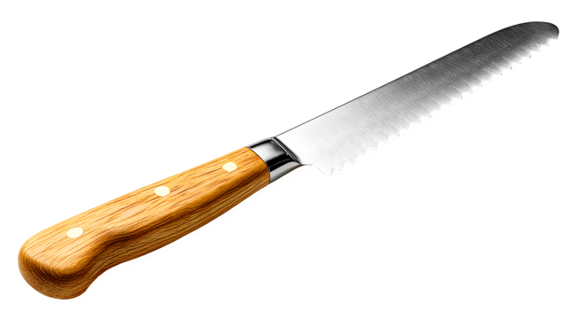 Professional serrated bread knife with natural wood handle for effortless slicing kitchen utensil - Powered by Adobe