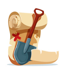 Cartoon pirate treasure map scroll with a red x mark and shovel. Caribbean pirates or corsairs game icon symbolizes and hidden riches, treasure hunt, mysterious adventure, and secret loots exploration