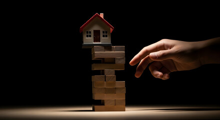 Conceptual Image of a Hand Balancing a Miniature House on Wooden Blocks Representing Risk, Stability, and Homeownership in Architecture and