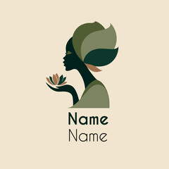 Elegant botanical beauty logo with African woman silhouette and flower in hand