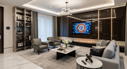 A luxurious and modern living room with elegant grey furniture, a large television mounted above a fireplace, and sophisticated built-in shelving.