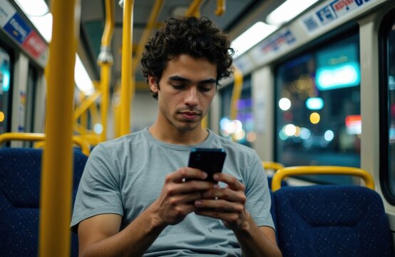 Young man using smartphone on public bus with bright city lights in background