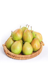 Fresh Red and Green Pears in Wicker Basket on White Background