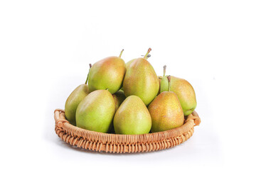 Fresh Green and Red Pears in Wicker Basket on White Background
