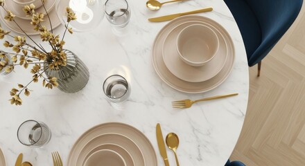 Elevated dining table, pastel hues, gold accents