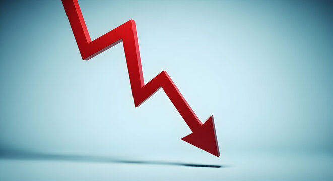 Red Downward Arrow Indicating Decline In Financial Performance And Market Trends, Symbolizing Economic Challenges And Losses In Business Analysis