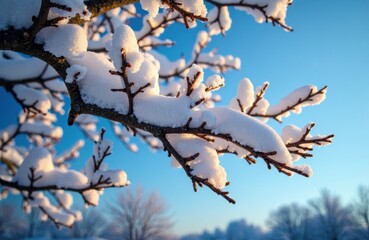 Obraz premium Snow-covered tree branches against a clear blue sky in winter