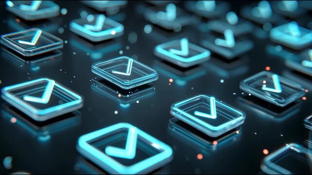 Abstract digital checklist interface with glowing 3D check marks on futuristic background representing productivity, business efficiency, task management, organization strategy and achievement process