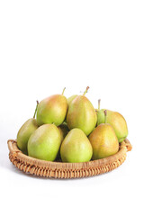 Fresh Pears in Wicker Basket on White Background - Organic Fruit Display