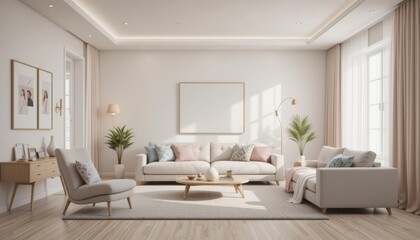 Elegant living room with modern furniture offers serene, light filled space for relaxation or gatherings