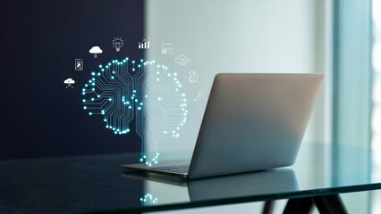 Laptop with Artificial Intelligence Brain Circuit Graphic Overlay Concept
