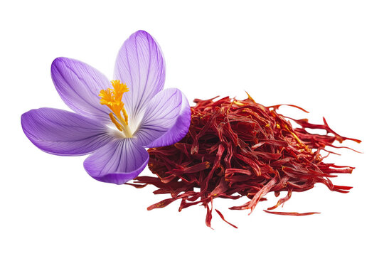 A beautiful purple saffron crocus flower and red saffron threads on transparent background