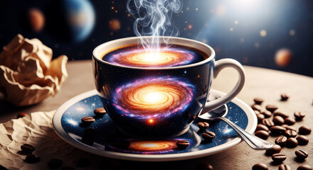 Fototapeta premium Coffee Cup with Galaxy Swirl and Steam in Cosmic Setting saucer coffee beans