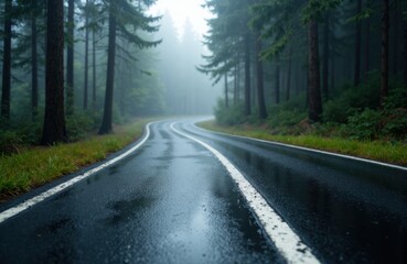 Fototapeta premium A winding wet road through a foggy forest with tall trees and lush greenery