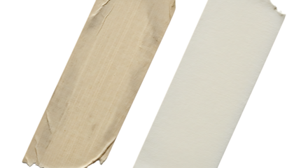 Two strips of masking tape, one tan and one white, are shown side by side on an isolated on transparent background, perfect for adding a touch of realism to your designs or creative projects