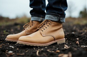Close-up of tan leather boots worn with rolled-up jeans on dark soil surface
