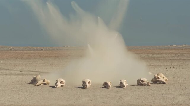 Archeological excavation in desert. Team uncovers ancient skulls. Sand cloud from digging. Paleontology research. Fossil discovery. Human evolution study. Arid landscape.