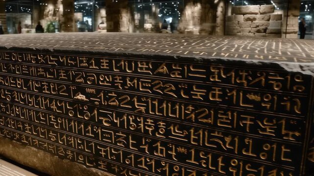 Ancient Egyptian sarcophagus with hieroglyphics in museum exhibit. Stone coffin from pharaoh's tomb. Archeological artifact displaying ancient writing system and burial practices.