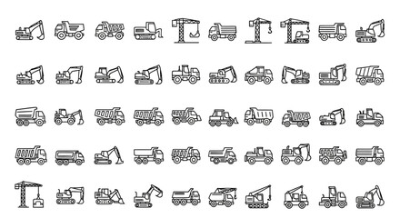 Minimalist Line Drawing Construction Vehicle and Equipment Collection Icon Set