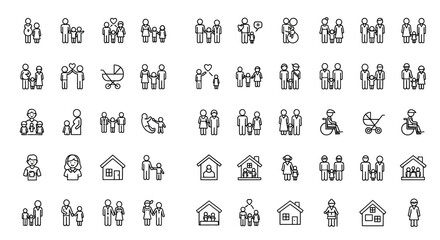 Minimalist Line Art Family and Home Icon Set with Various Relationship Dynamics