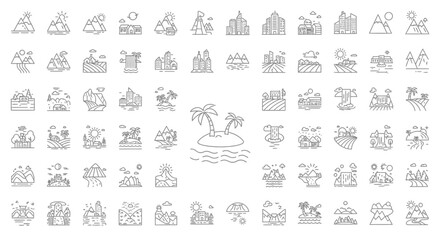 Simple Line Art Various Landscape Scenery Element Outline Style Icon Set
