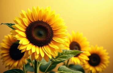 Obraz premium Sunflowers with bright yellow petals and green leaves against a warm yellow background