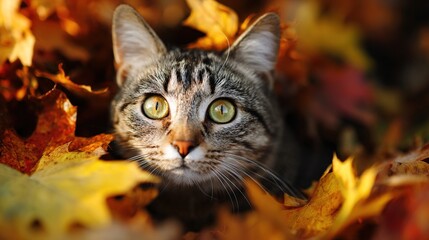 Cat Among Autumn Leaves, Showing Pet and Autumn Nature Scenario