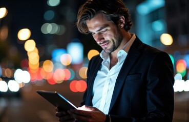 Man using tablet at night in city with blurred lights