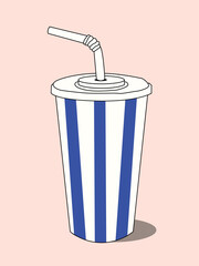 Illustration of a disposable cup with blue and white stripes, a lid, and a straw, casting a shadow on a light pink background.