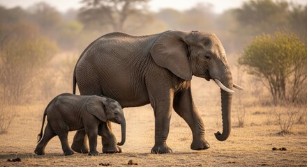 Fototapeta premium Elephant mother and calf in savanna