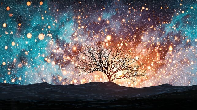 Lonely tree under starry sky