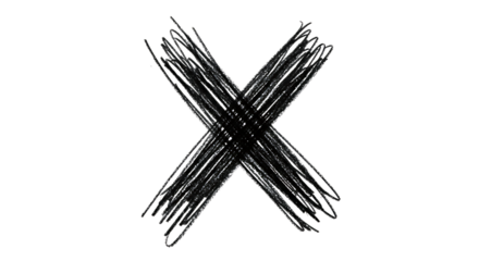 A bold and striking handdrawn x mark, isolated on transparent background, created with rough, expressive lines that convey a sense of urgency and imperfection the stark contrast between the black line