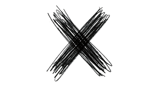 A bold and striking handdrawn x mark, isolated on transparent background, created with rough, expressive lines that convey a sense of urgency and imperfection the stark contrast between the black line